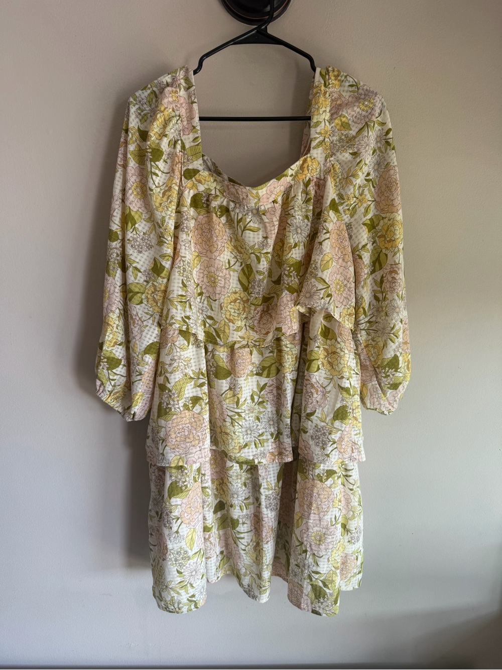 Who What Wear Floral Tiered Mini Dress Cottagecore Square Neck Yellow Pink L nwt